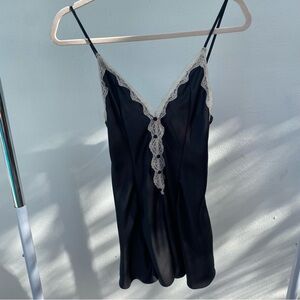 Lace Trim Satin Chemise Slip - Black